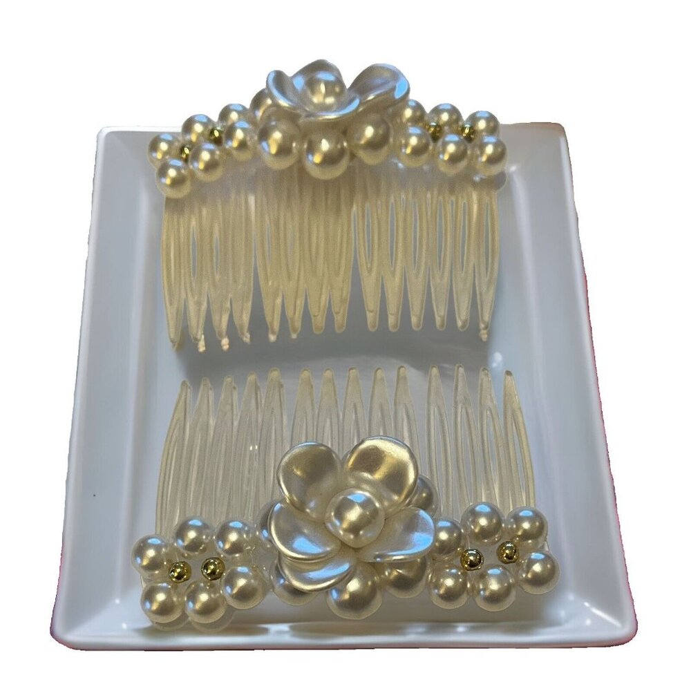 Pair 2 Creamy White Flower Faux Pearl Wedding Bridal Prom Hair Combs NEW